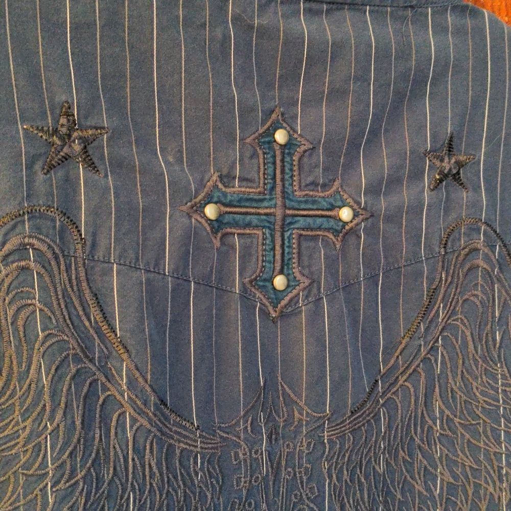 2/$20 Indigo Star Pin-Stripe Navy Blue Military Style Shirt Pearl Buttons Sz XL - Picture 8 of 12